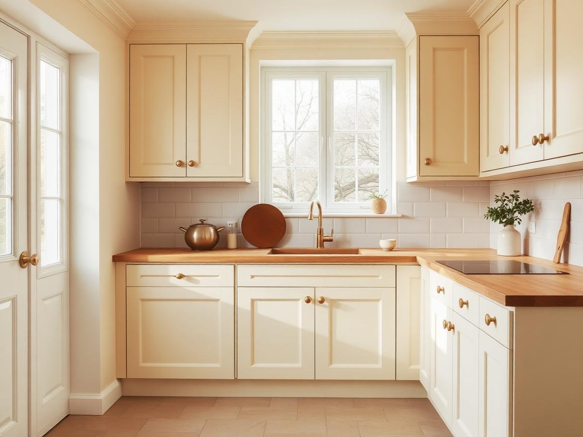 Cozinha renovada em tons creme com bancada de madeira