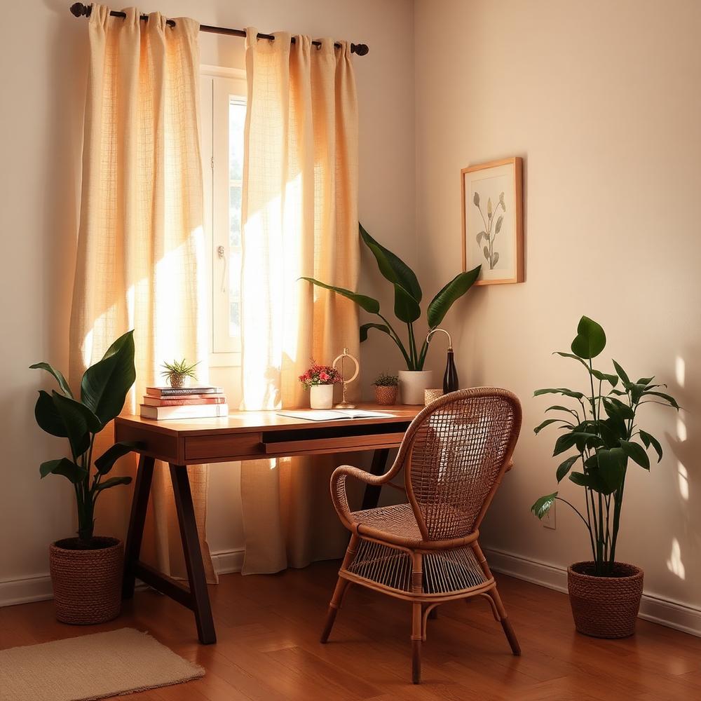 Escritório em casa com secretária de madeira e plantas
