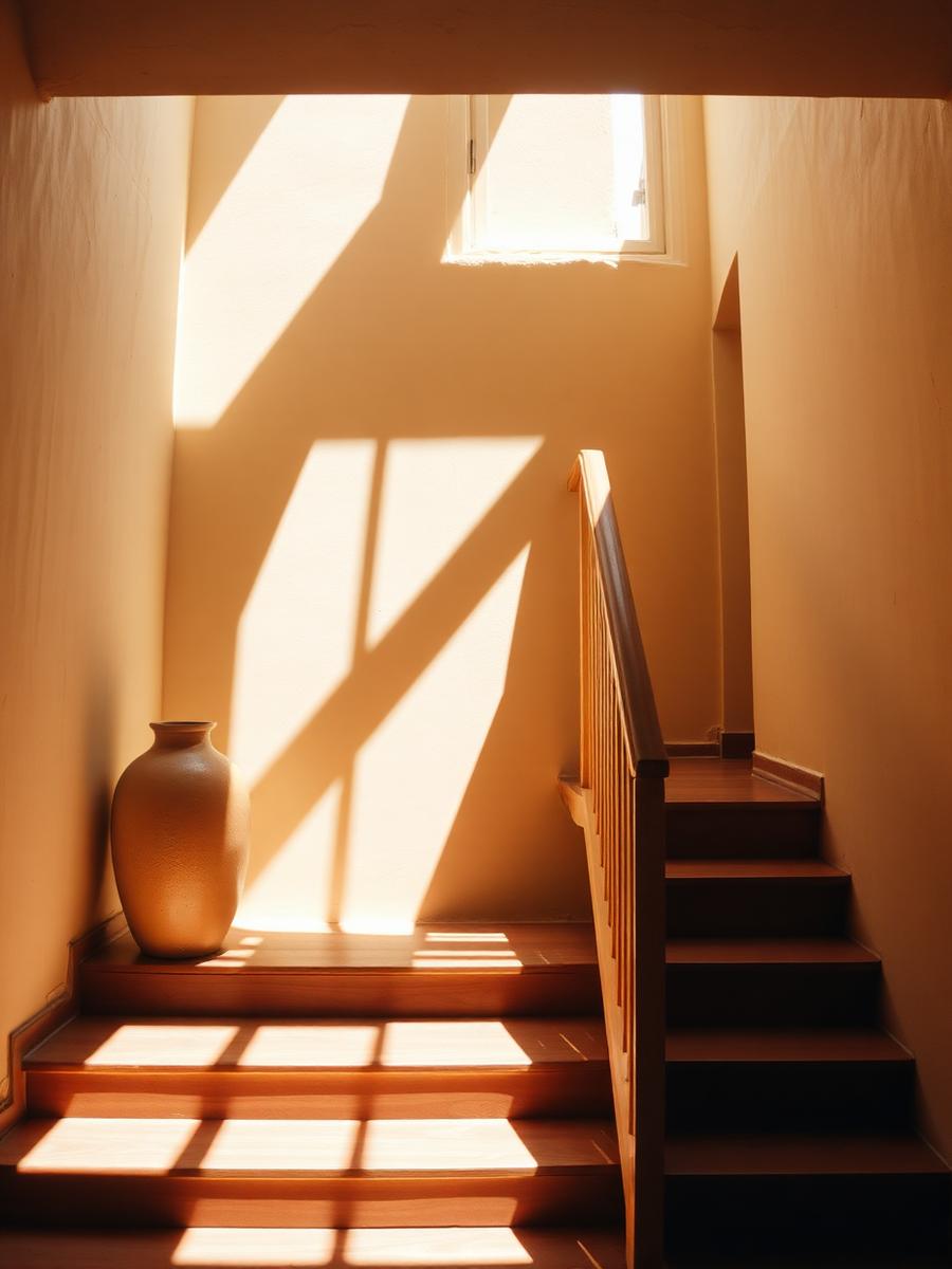 Escada com luz natural e paredes em tinta de cal